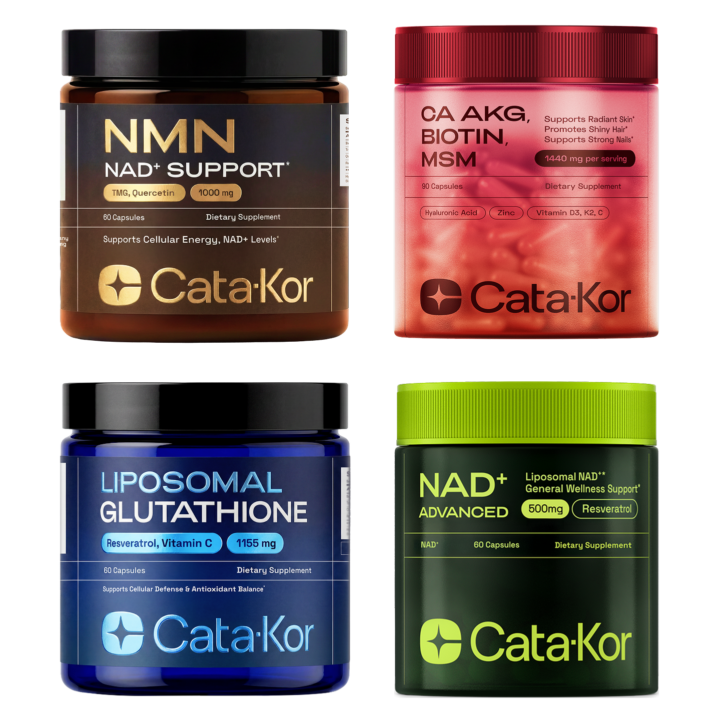 CEO's Bundle - Cata-Kor Liposomal Glutathione 500 mg, NMN 1000 mg, NAD+ Advanced 500 mg, CA AKG 1000 mg, Biotin, MSM, TMG, Hyaluronic Acid